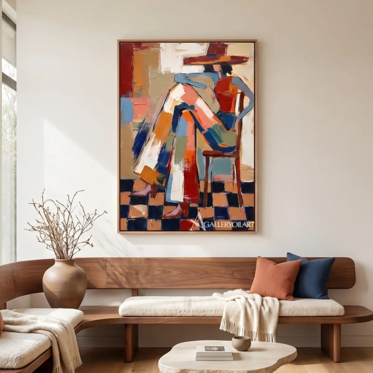 stylized hat-wearing figures in geometric blocks-in-pop-art-orange-living-room