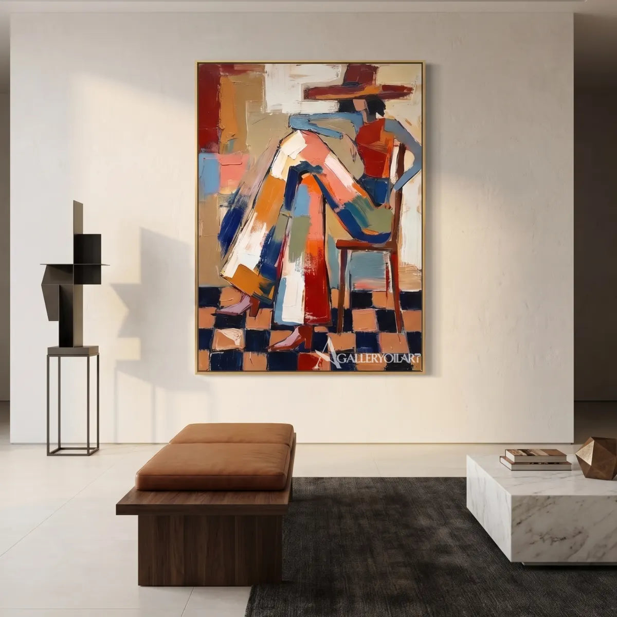 stylized hat-wearing figures in geometric blocks-in-pop-art-orange-minimalist-room