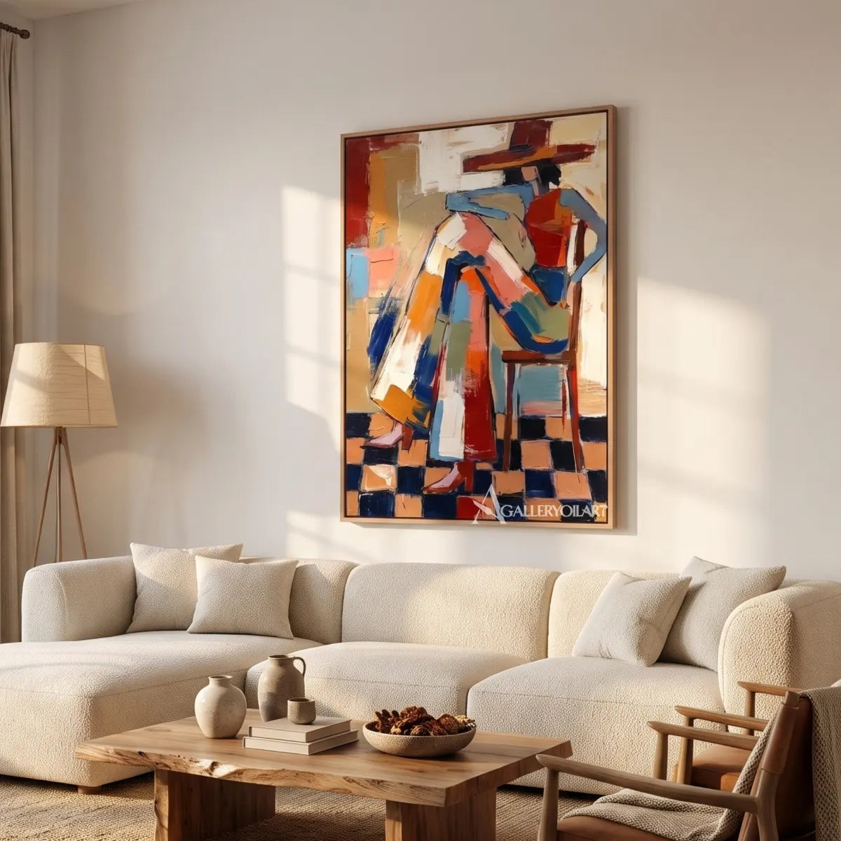 stylized hat-wearing figures in geometric blocks-in-pop-art-orange-sofa-room