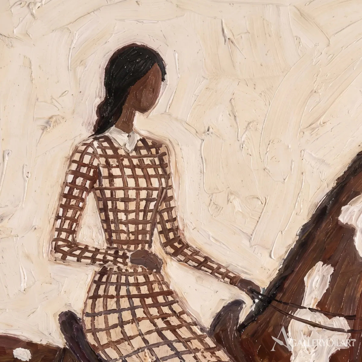 Western Cowboy horsewoman on a spotted horse in a checkered dress-in-entryway