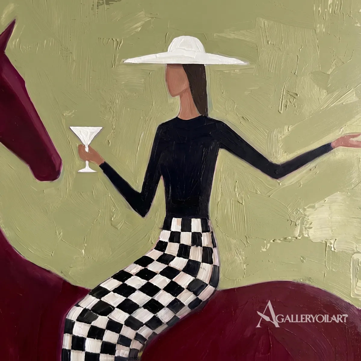 Western Cowboy horsewoman on a burgundy horse with a checkered skirt-in-detail