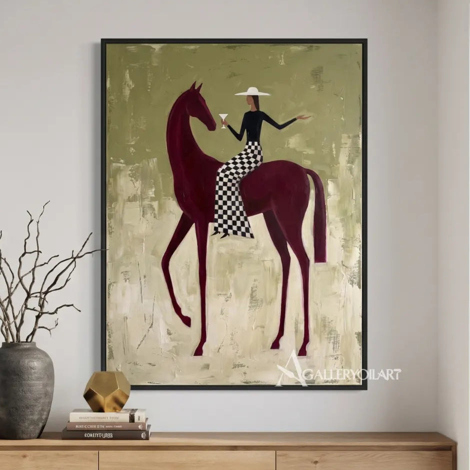 Western Cowboy horsewoman on a burgundy horse with a checkered skirt-in-entryway