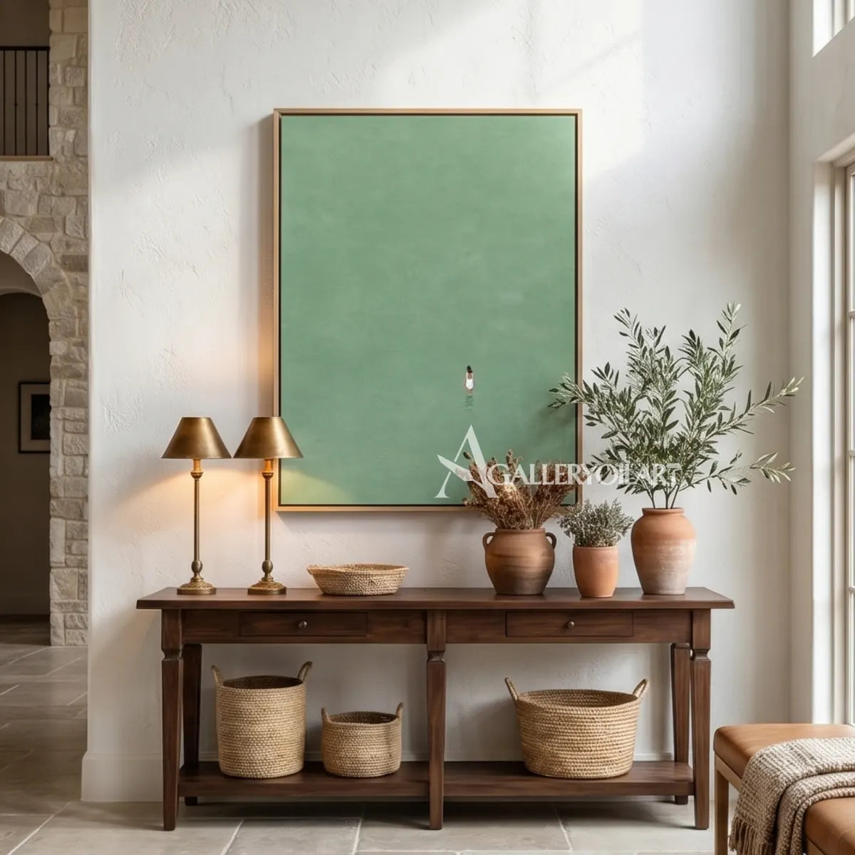 white-cloud-portrait-art-green-wall-art-mantel-display