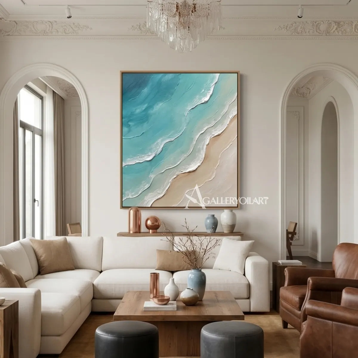 Layered-coastal-waves-sea-beach-blue-wall-art-in-an-arched-living-room