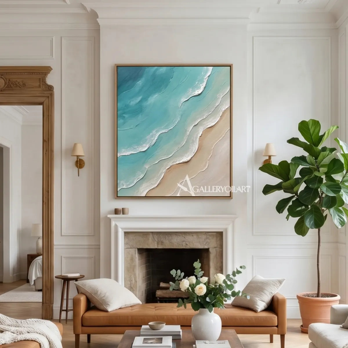 Layered-coastal-waves-sea-beach-blue-wall-art-in-a-fireplace-room