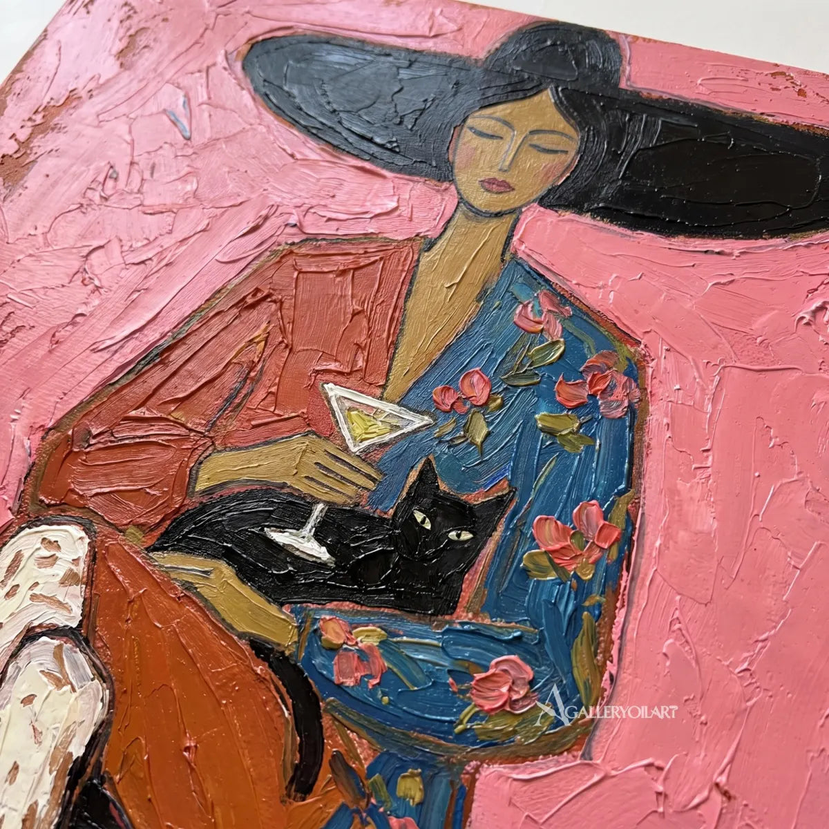 Pop art cocktail cat companion in pink and neutral tones in a close detail