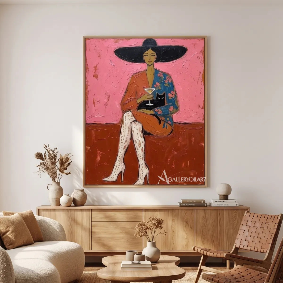 Pop art cocktail cat companion in pink and neutral tones in a gathering room