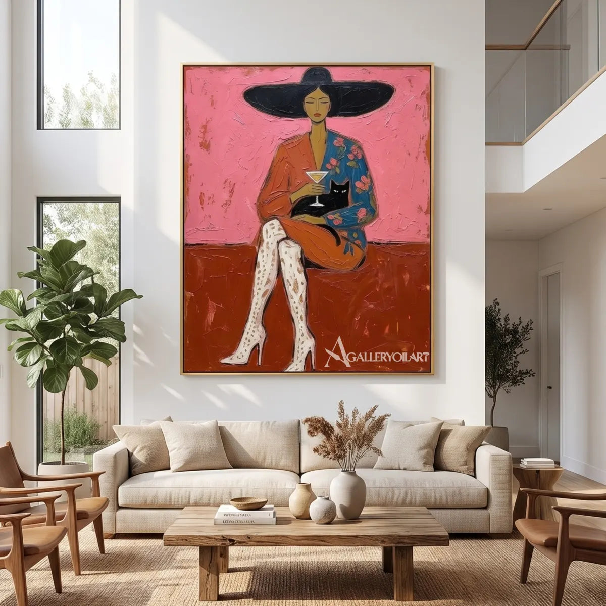 Pop art cocktail cat companion in pink and neutral tones in a minimalist room