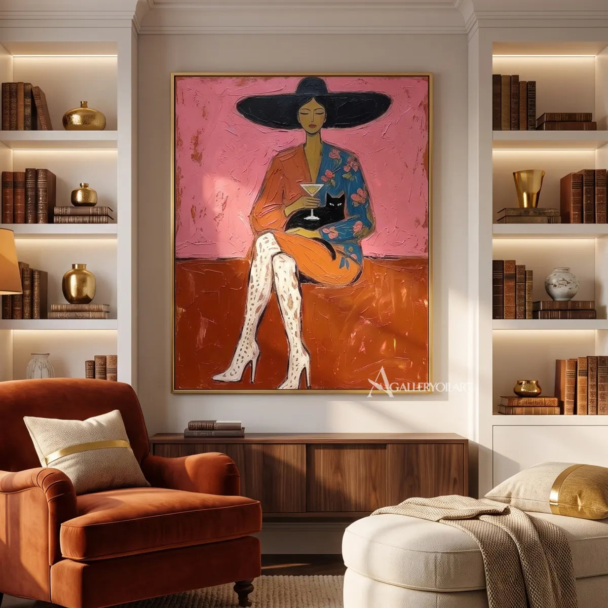 Pop art cocktail cat companion in pink and neutral tones in a transitional corridor