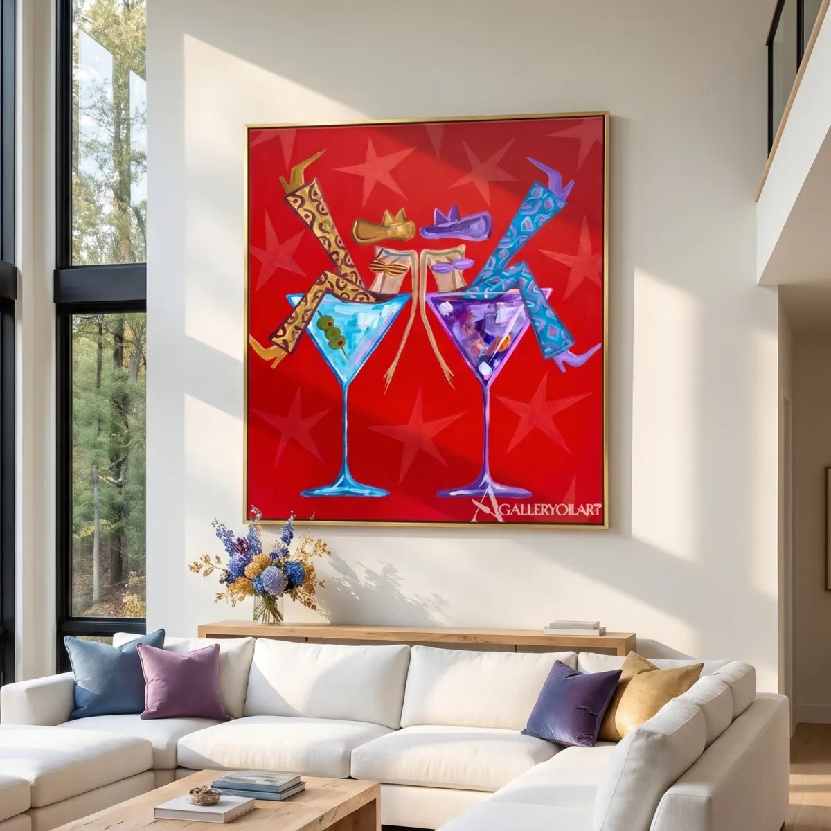 cocktail companions pop-art red wall art in a warm modern interior 4