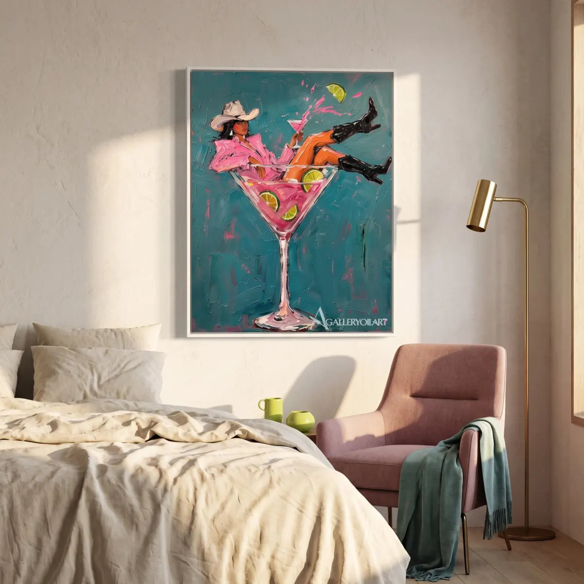 cocktail cowgirl pop-art blue wall art in a warm modern interior 1