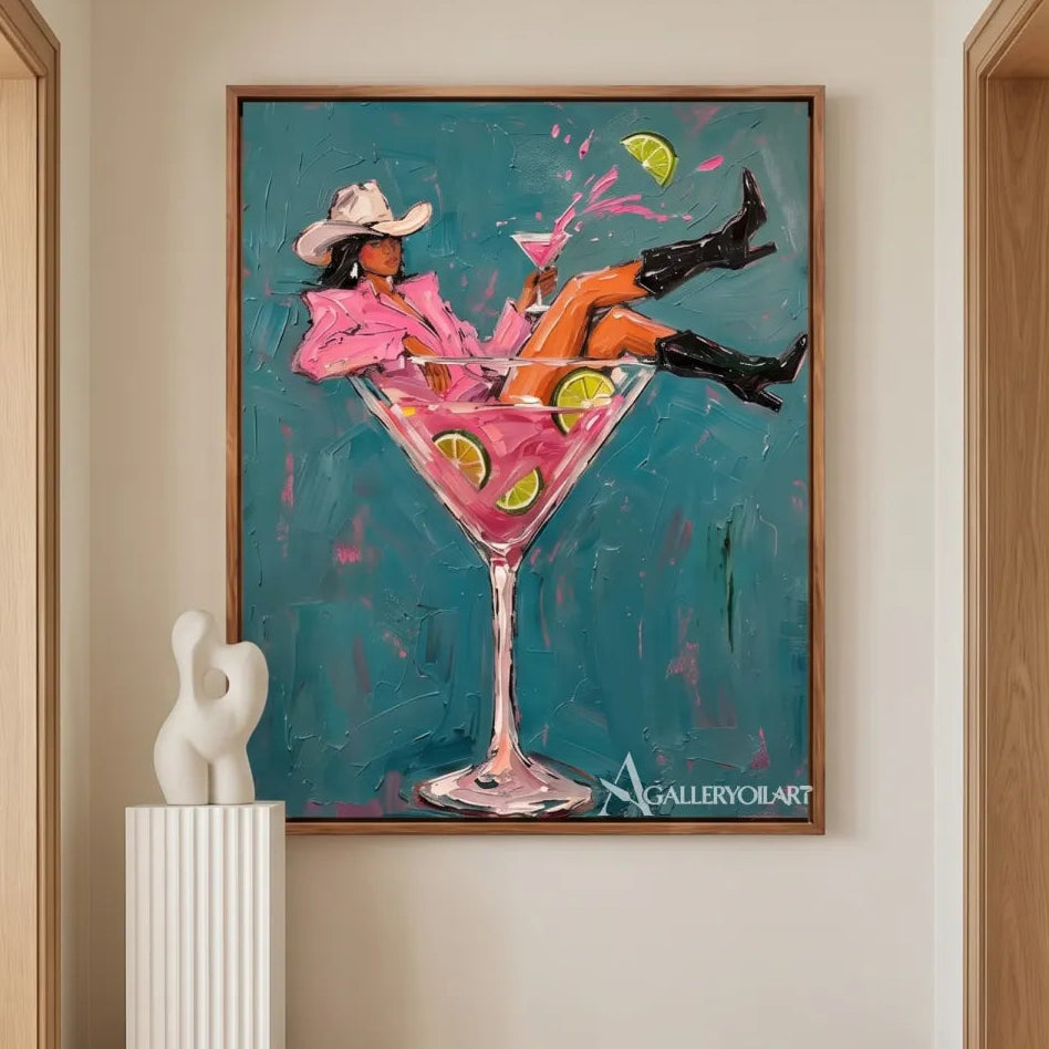 cocktail cowgirl pop-art blue wall art in a warm modern interior 3