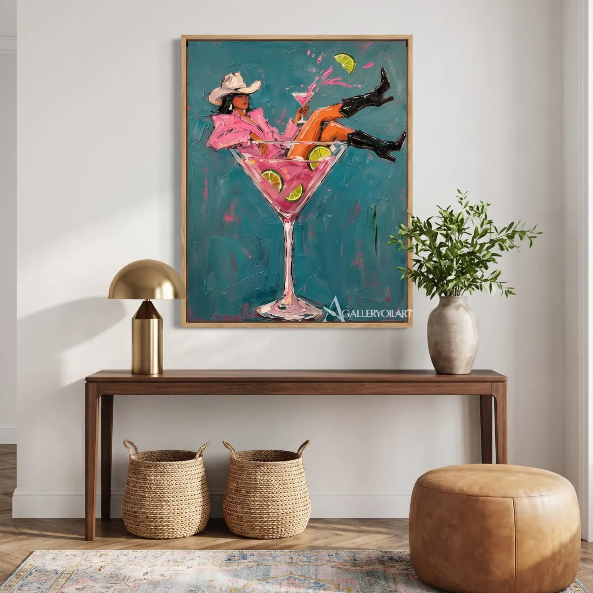 cocktail cowgirl pop-art blue wall art in a warm modern interior 4