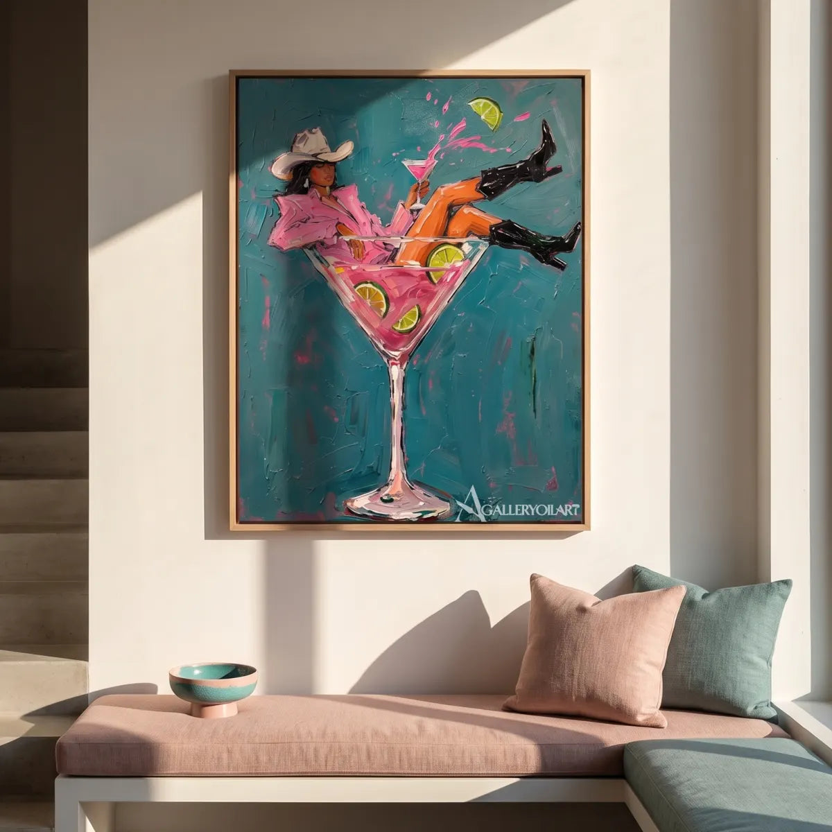cocktail cowgirl pop-art blue wall art in a warm modern interior 7