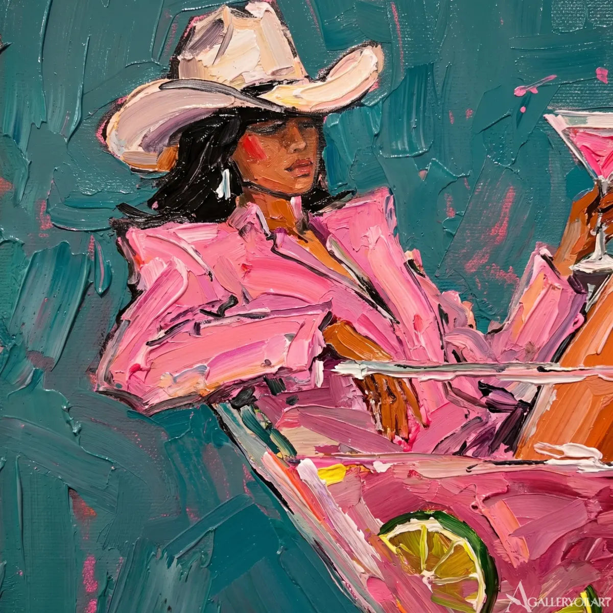 cocktail cowgirl pop-art blue wall art in a warm modern interior 8