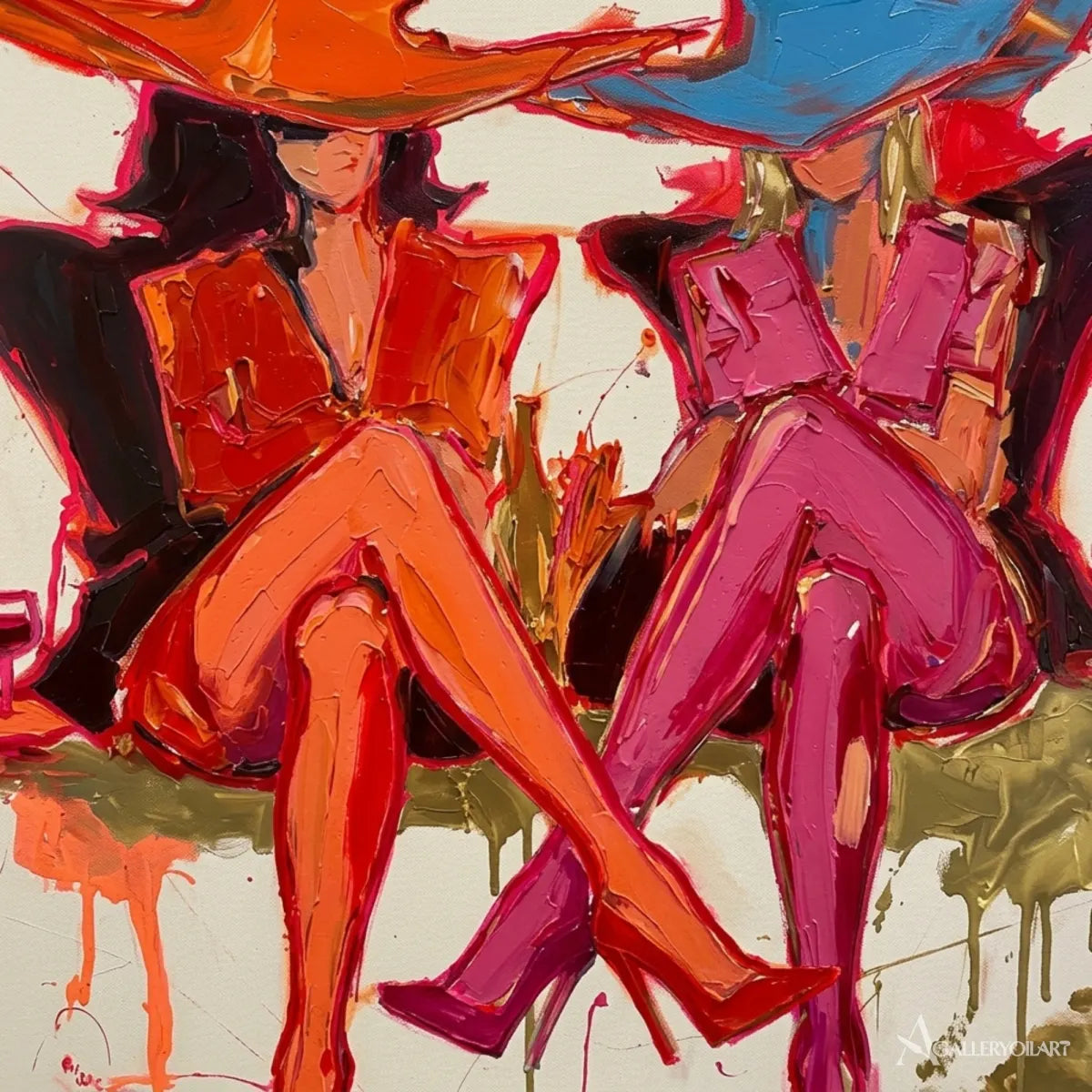 Pop-Art-two-fashionable-women-with-cocktails-pink-wall-art-in-detail-texture