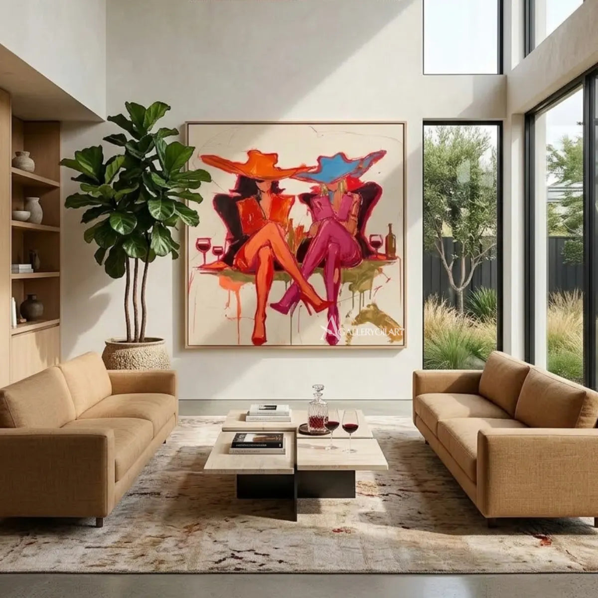 Pop-Art-two-fashionable-women-with-cocktails-pink-wall-art-in-double-height-room