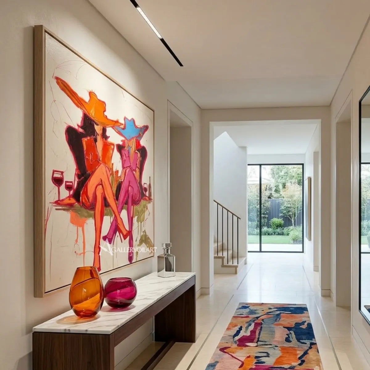 Pop-Art-two-fashionable-women-with-cocktails-pink-wall-art-in-transitional-interior