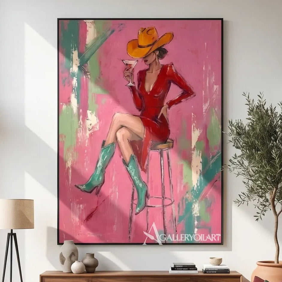 Pop-Art-cocktail-hat-poise-in-a-contemporary-double-height-room-with-pink-and-red-brushwork