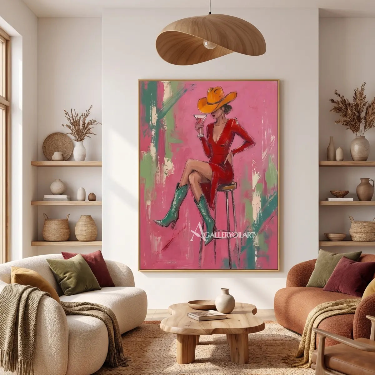 Pop-Art-cocktail-hat-poise-in-a-contemporary-gathering-space-with-pink-and-red-brushwork