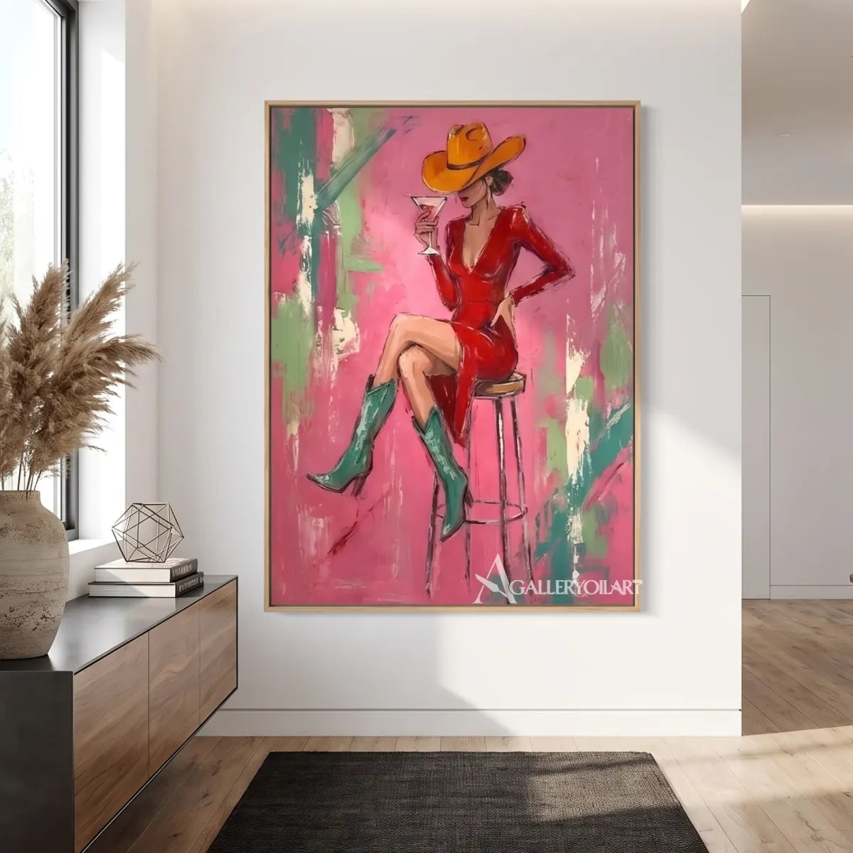 Pop-Art-cocktail-hat-poise-in-a-modern-entryway-with-pink-and-red-brushwork