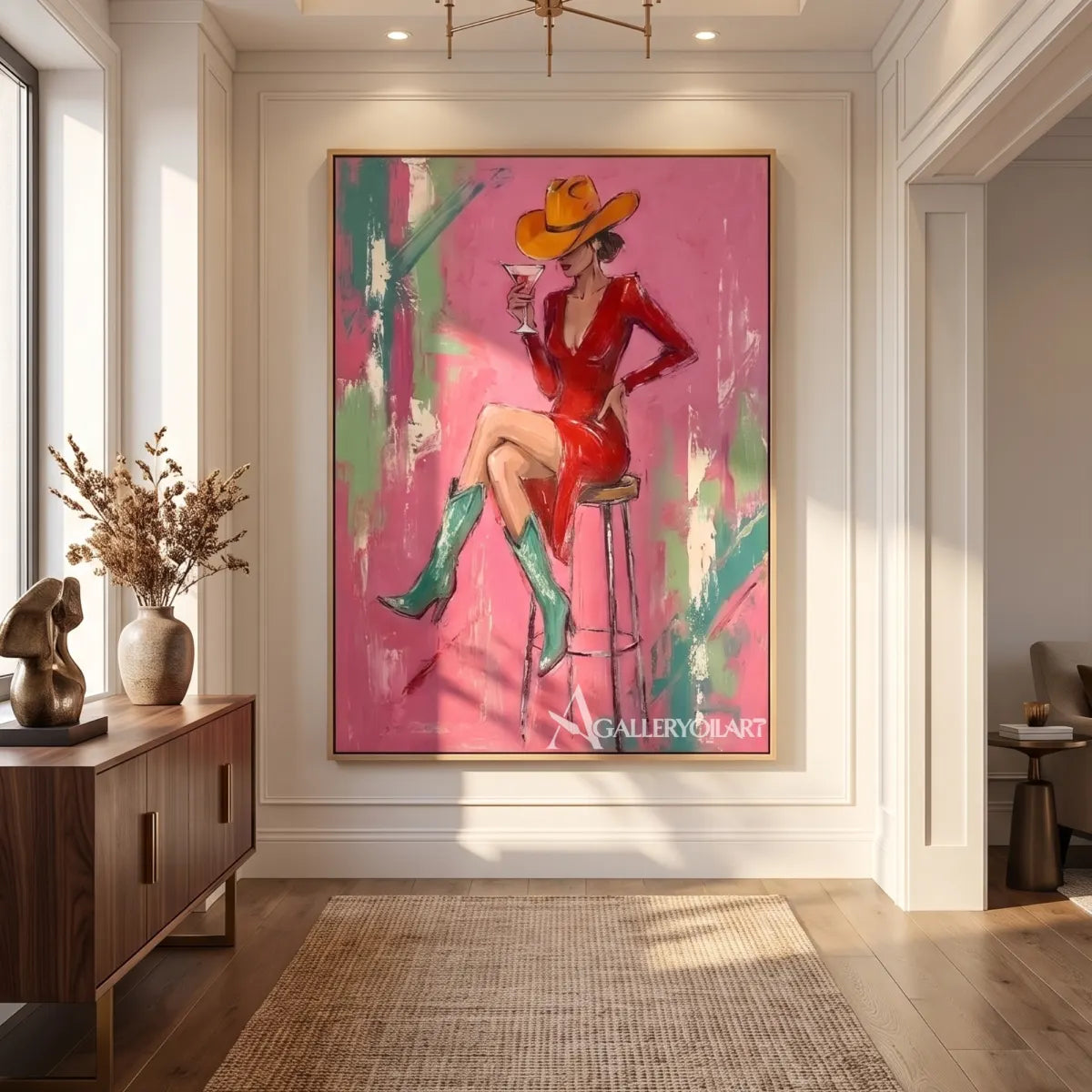 Pop-Art-cocktail-hat-poise-in-a-modern-transitional-corridor-with-pink-and-red-brushwork
