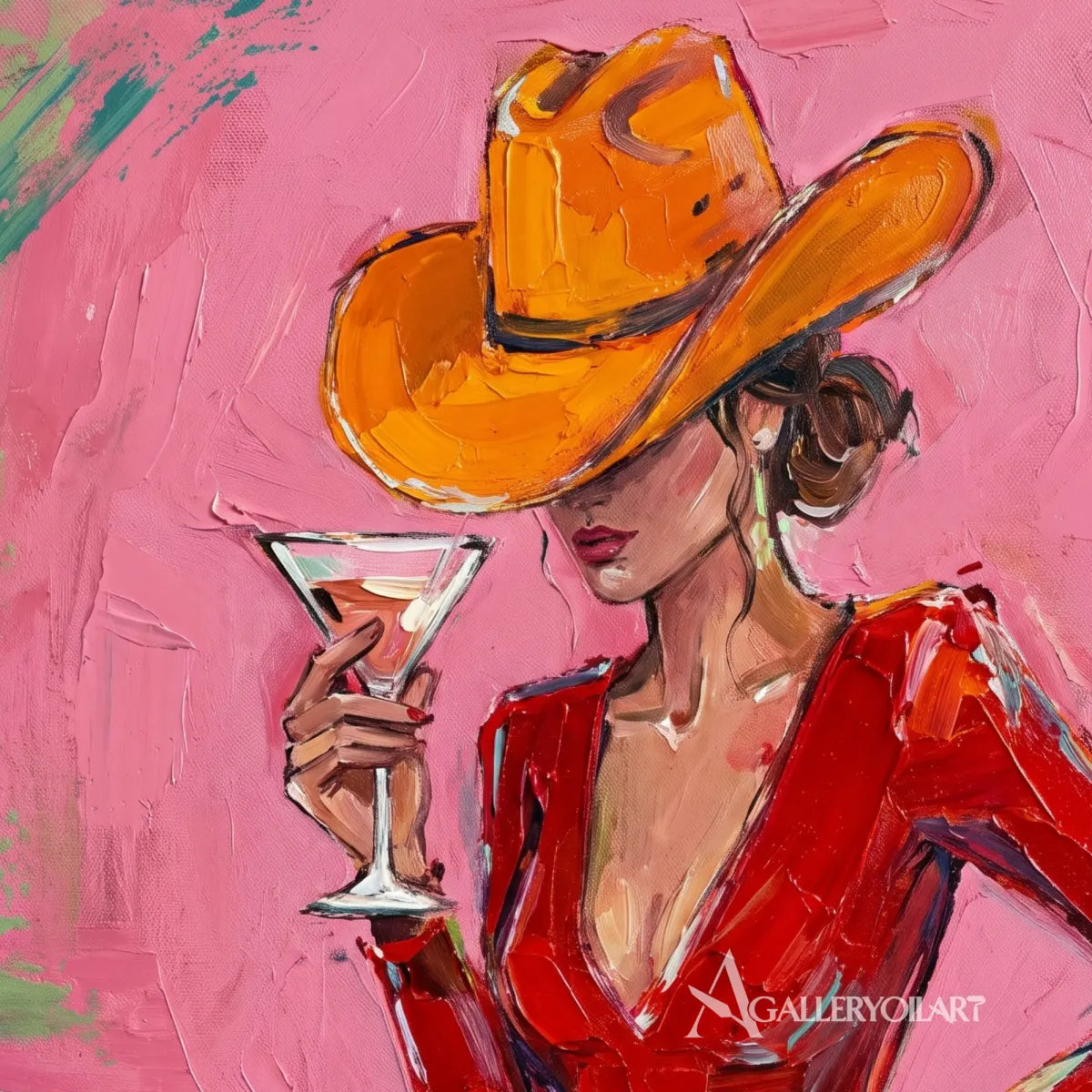 Pop-Art-cocktail-hat-poise-close-up-with-pink-and-red-impasto-brushwork
