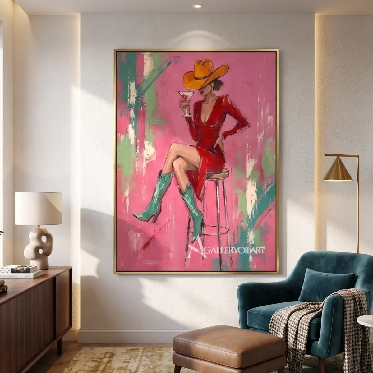 Pop-Art-cocktail-hat-poise-in-a-private-lounge-with-pink-and-red-brushwork