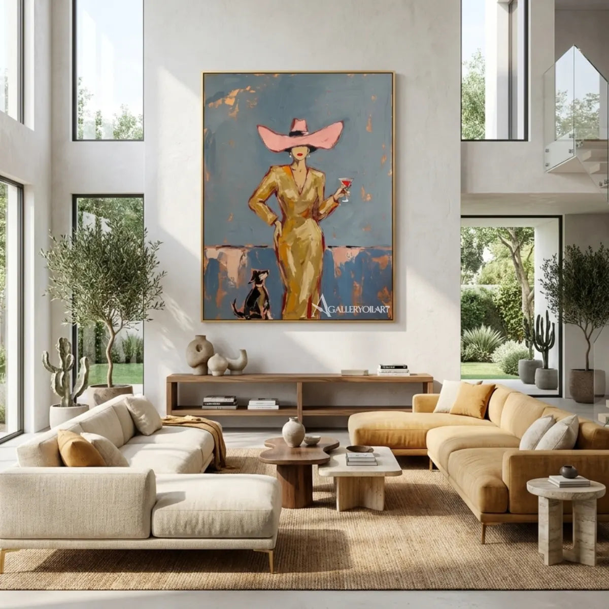 Woman-in-a-pink-wide-brim-hat-holding-a-cocktail-in-pop-art-blue-wall-art-in-dining-room