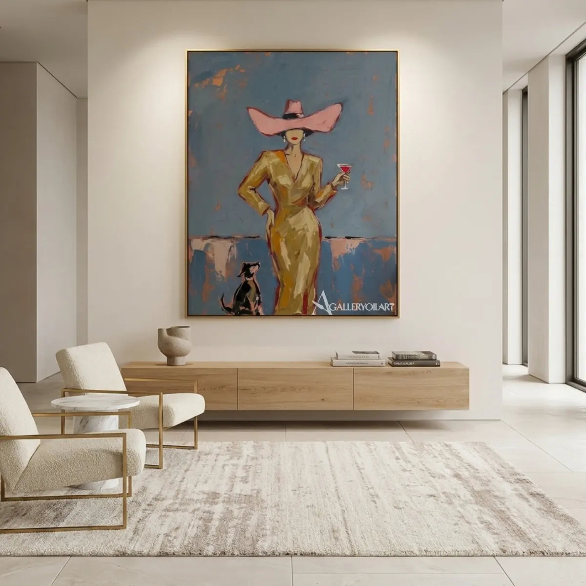 Woman-in-a-pink-wide-brim-hat-holding-a-cocktail-in-pop-art-blue-wall-art-in-minimalist-room