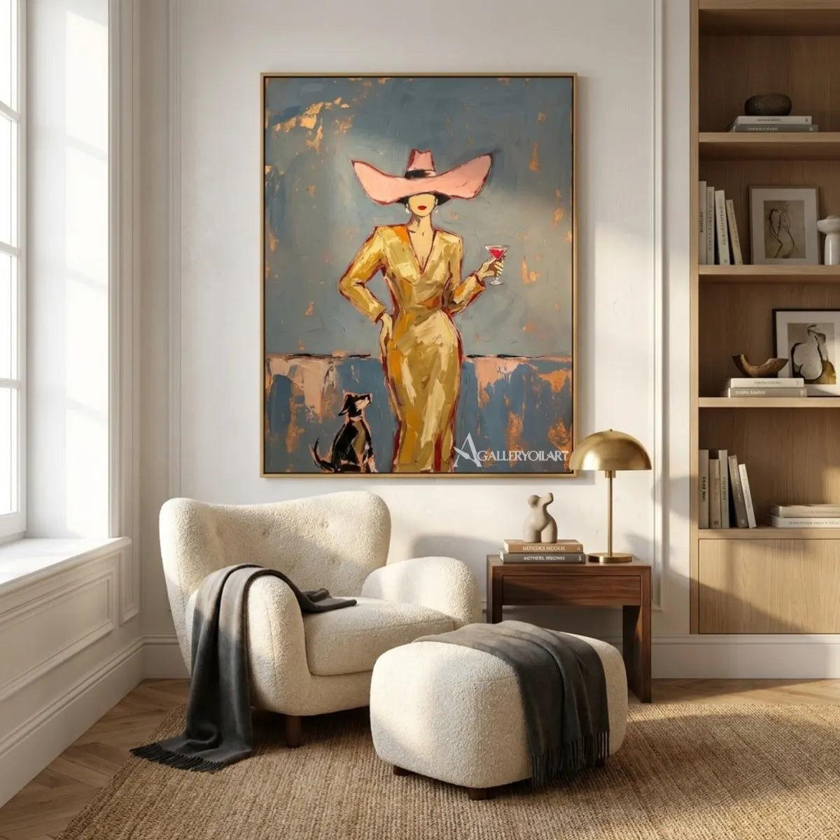 Woman-in-a-pink-wide-brim-hat-holding-a-cocktail-in-pop-art-blue-wall-art-in-reading-room