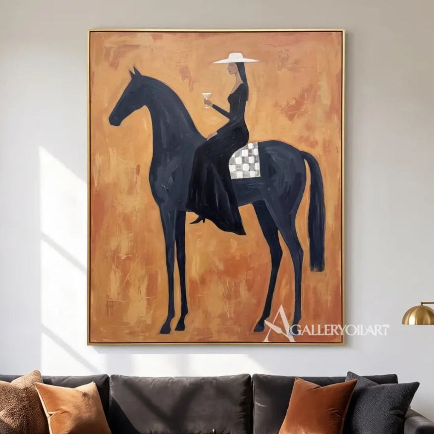 Western Cowboy horsewoman in a wide hat holding a cocktail on a dark horse-in-reading-lounge