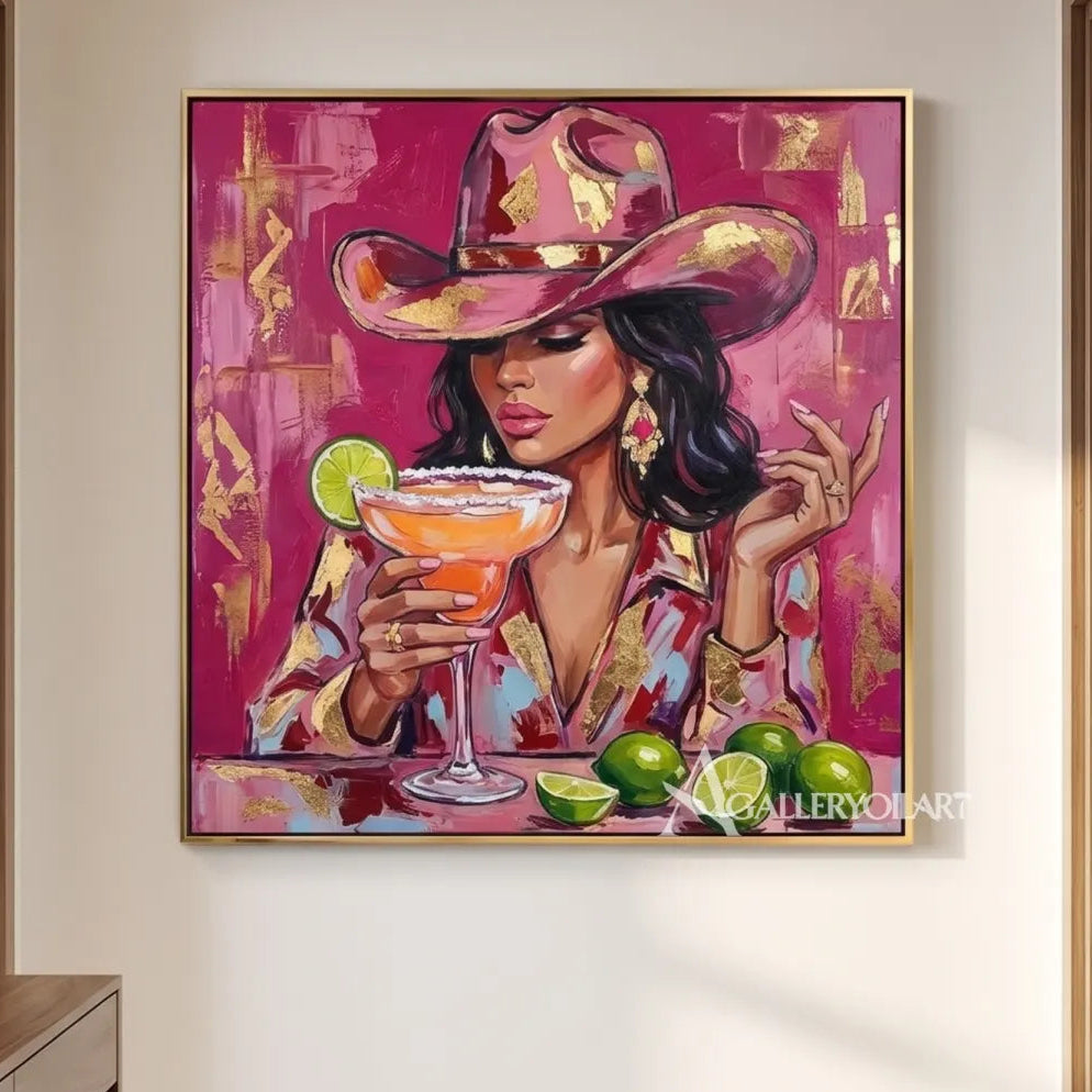 a stylish woman in a wide-brim hat holding a citrus cocktail-pop-art-pink-modern-entryway