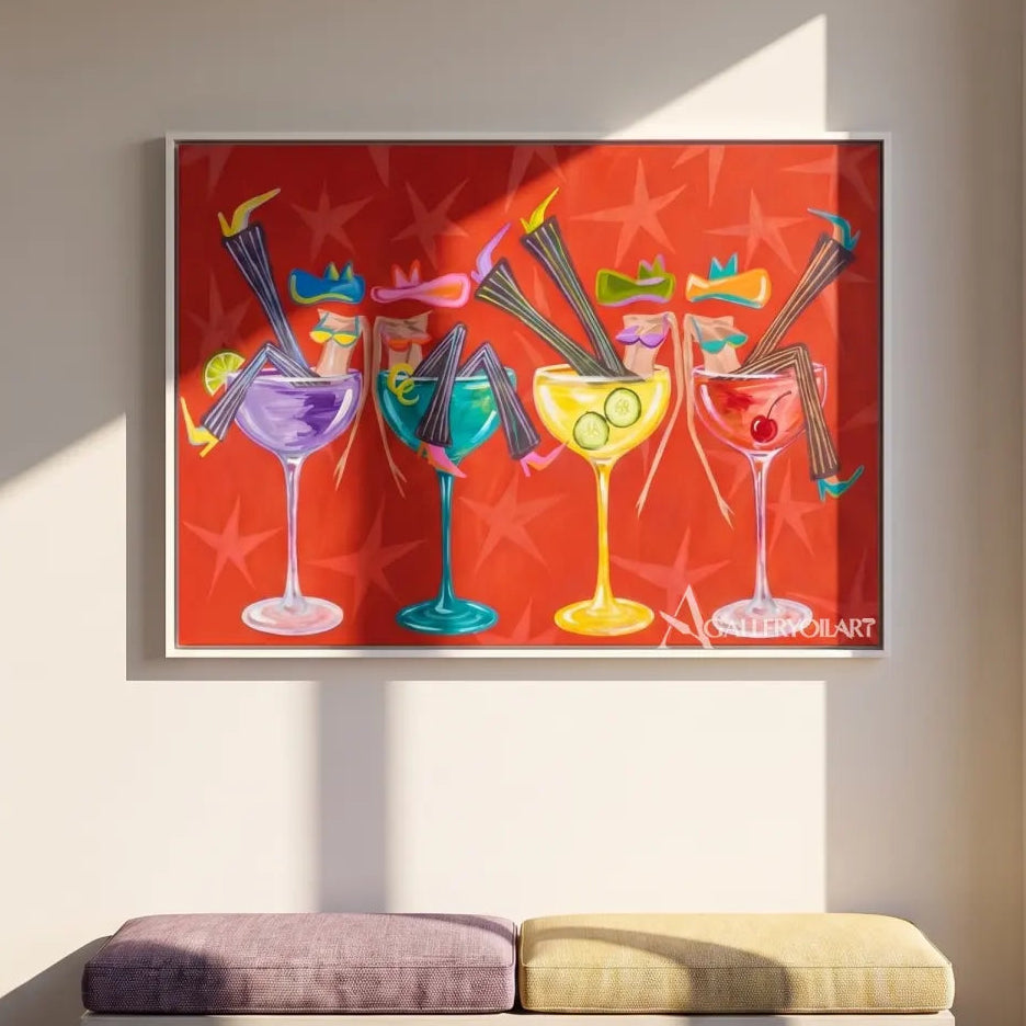 cocktail quartet pop-art red wall art in a warm modern interior 8