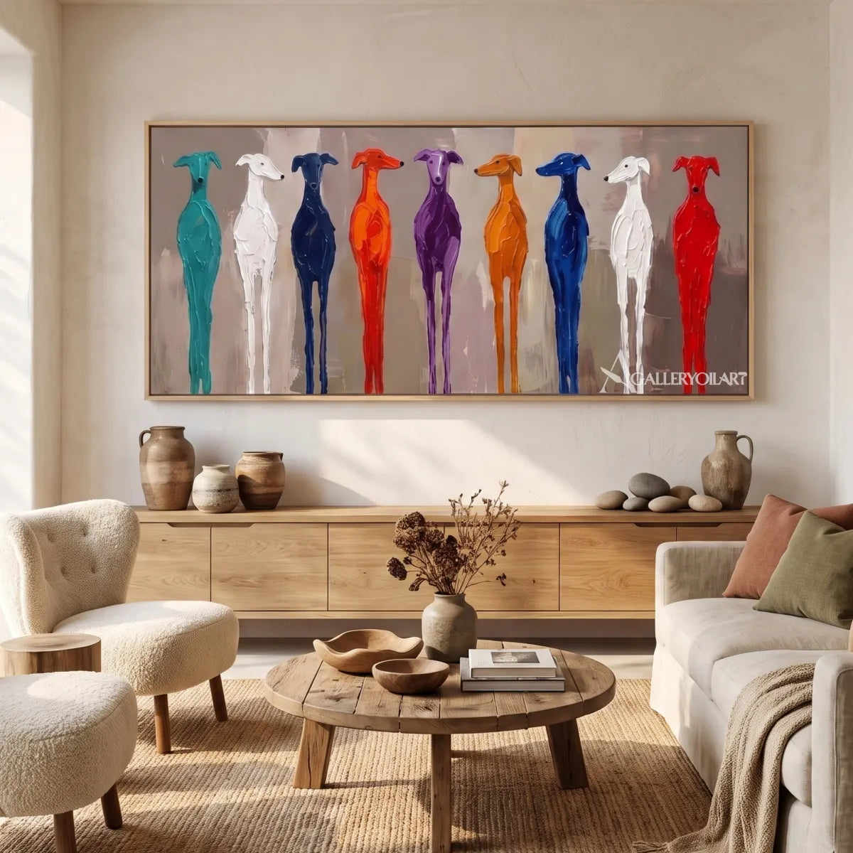 Colorful bird painting in animal art with blue, turquoise, and warm accents displayed above a sofa in a bright open living room.