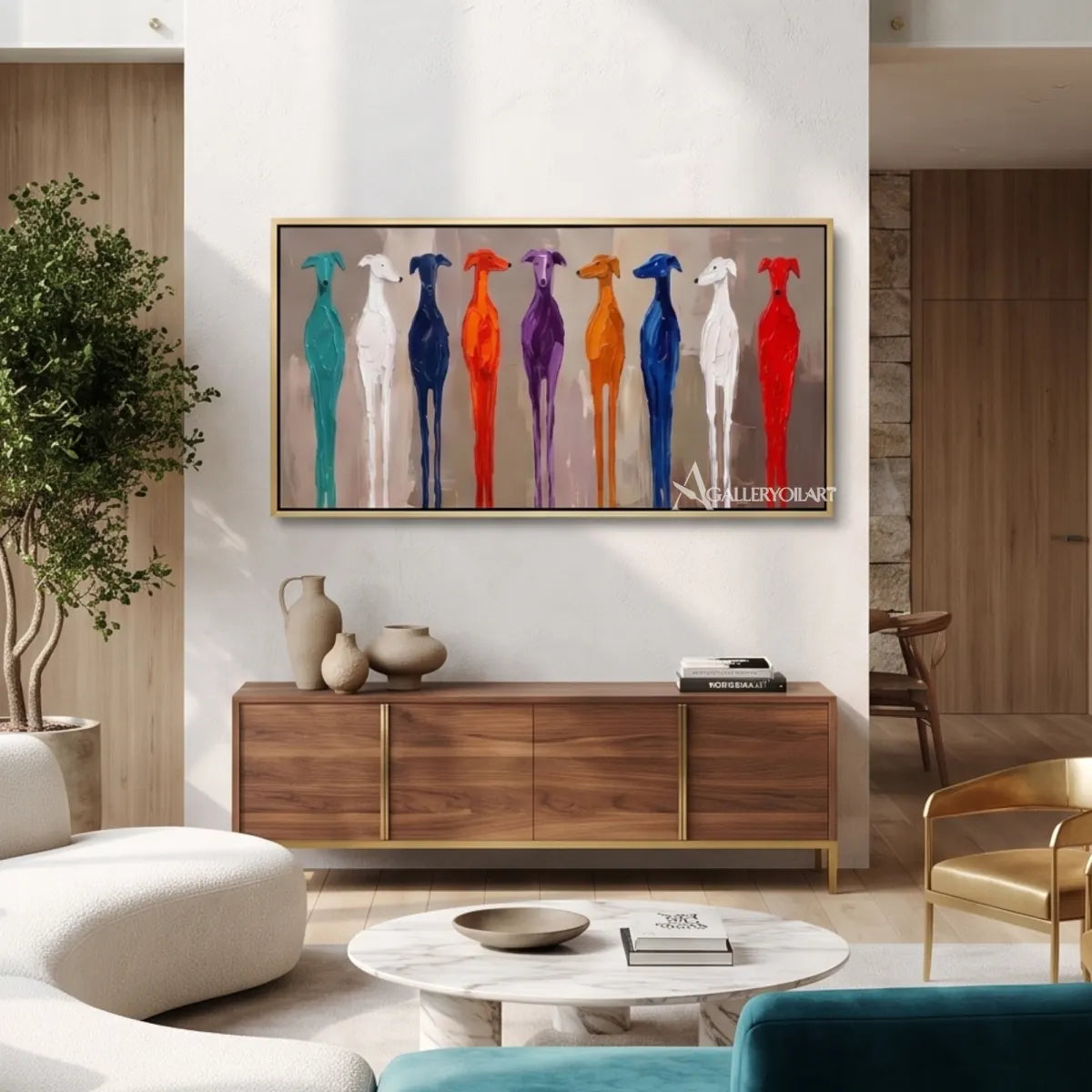 Colorful row of birds in animal art with blue and coral accents displayed over a console in a neutral living room.