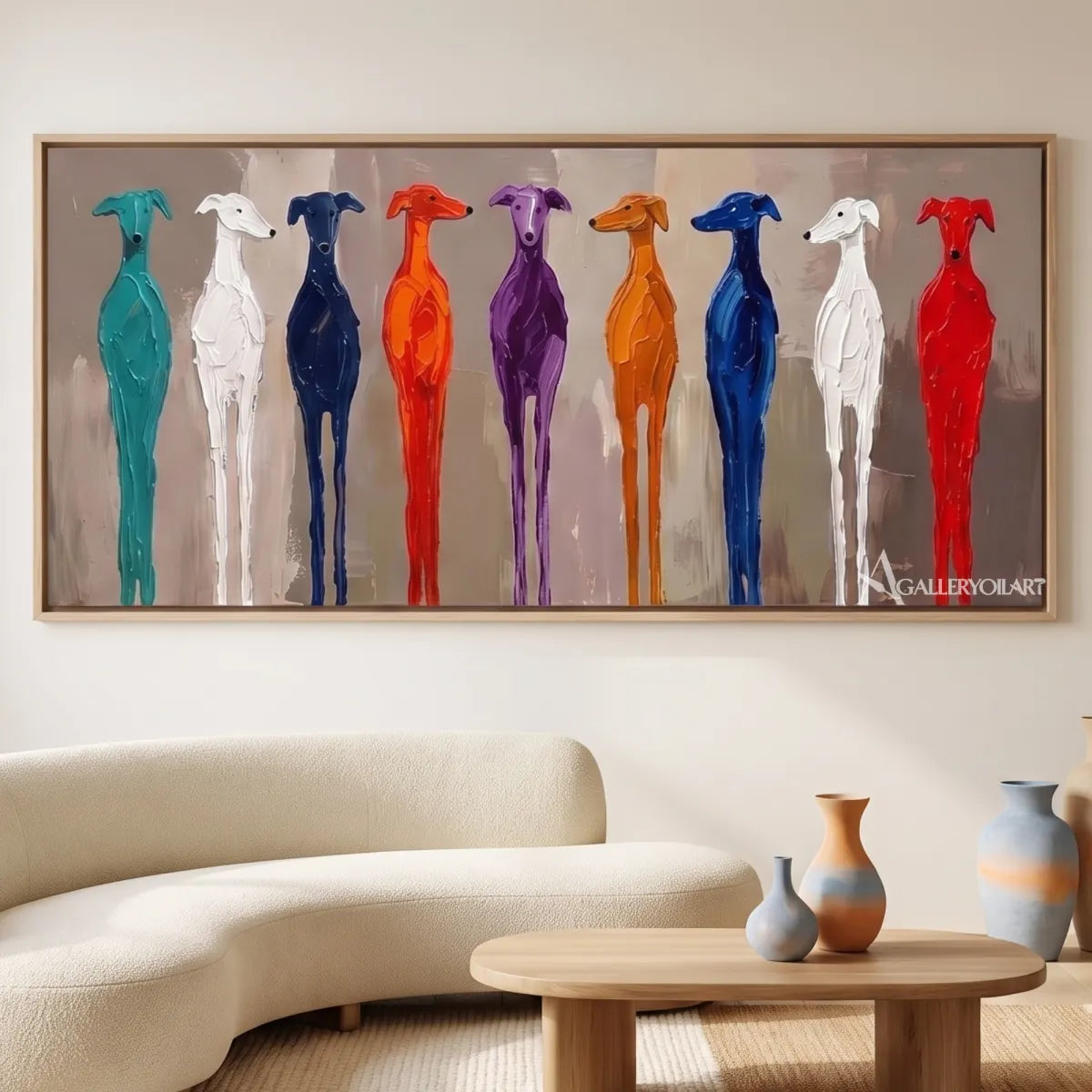Colorful row of birds in animal art with blue, turquoise, coral, orange, and white tones above a sofa in a modern living room.