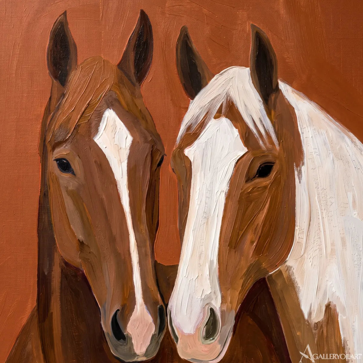 two-companion-horses-animal-art-Brown-wall-art-in-close-up-detail