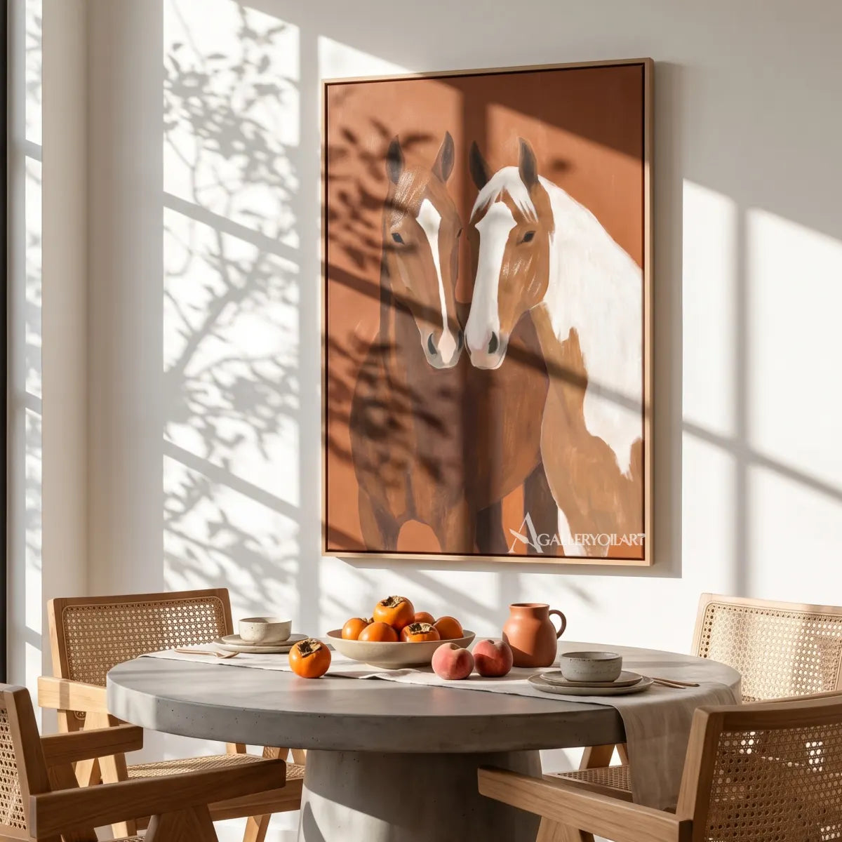 two-companion-horses-animal-art-Brown-wall-art-in-dining-space