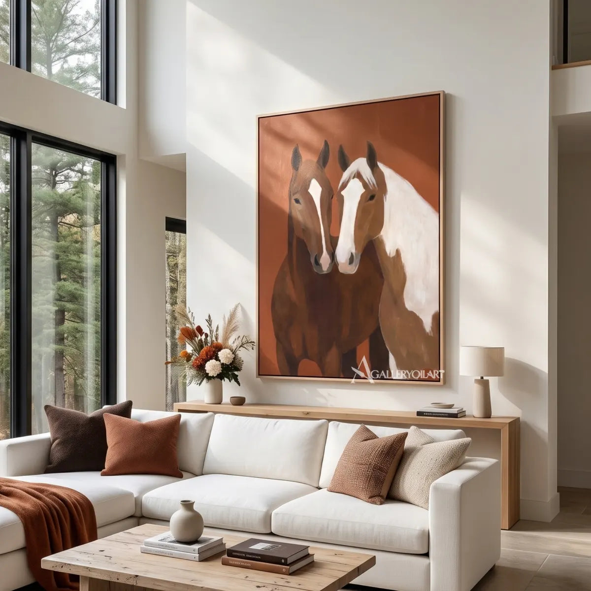 two-companion-horses-animal-art-Brown-wall-art-in-living-room