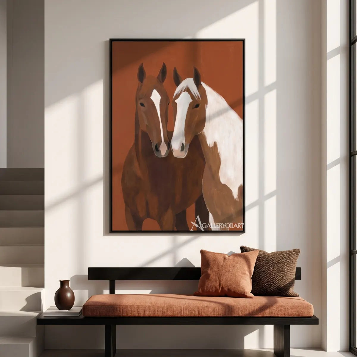two-companion-horses-animal-art-Brown-wall-art-in-modern-living-room