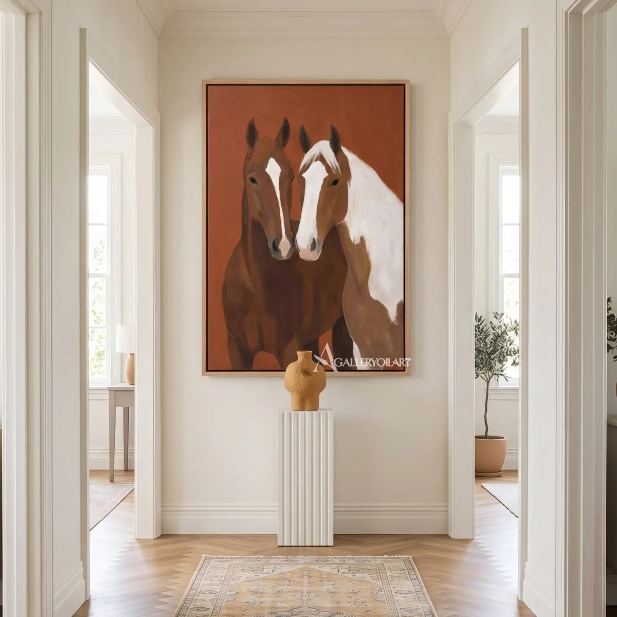 two-companion-horses-animal-art-Brown-wall-art-in-transitional-hallway