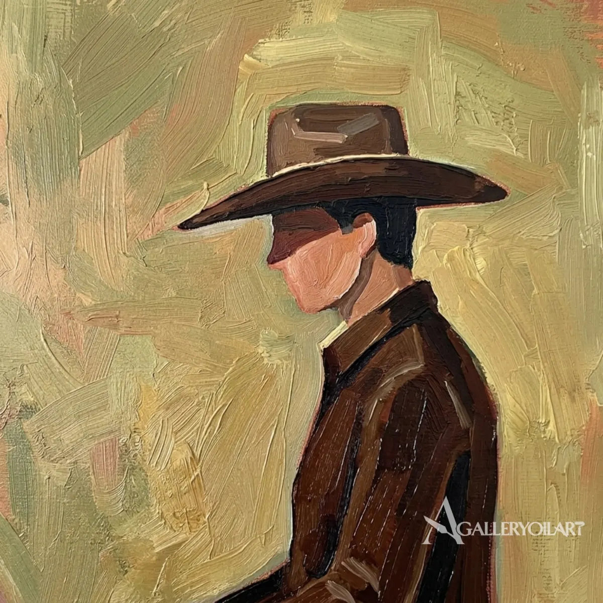 Close-up-of-cowboy-hat-and-brushstrokes-in-western-cowboy-art-with-olive-green-and-brown-paint