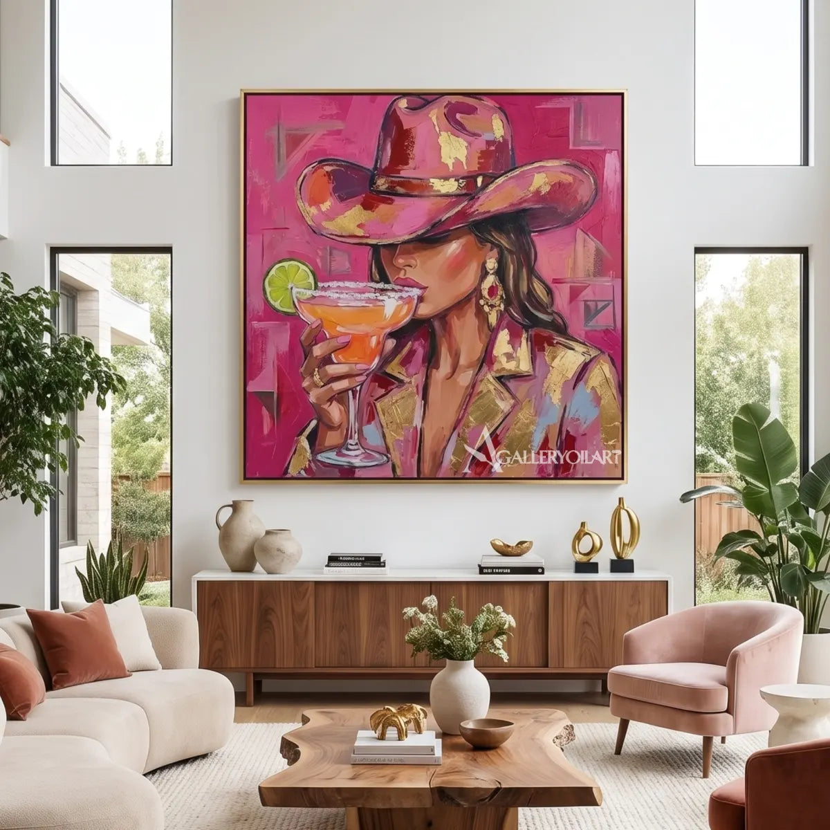 Pop art woman in a cowboy hat holding a citrus cocktail-in-living-room