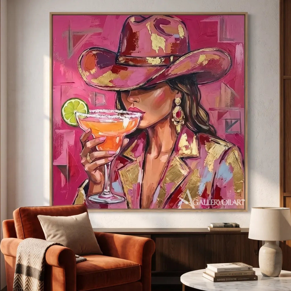 Pop art woman in a cowboy hat holding a citrus cocktail-in-reading-lounge