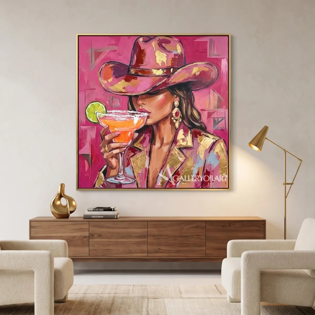 Pop art woman in a cowboy hat holding a citrus cocktail-in-transitional-corridor