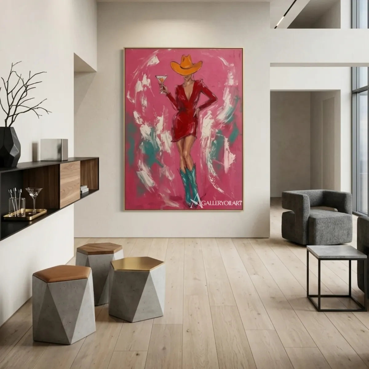 Woman-in-a-cowboy-hat-holding-a-cocktail-in-pop-art-pink-wall-art-in-architectural-interior