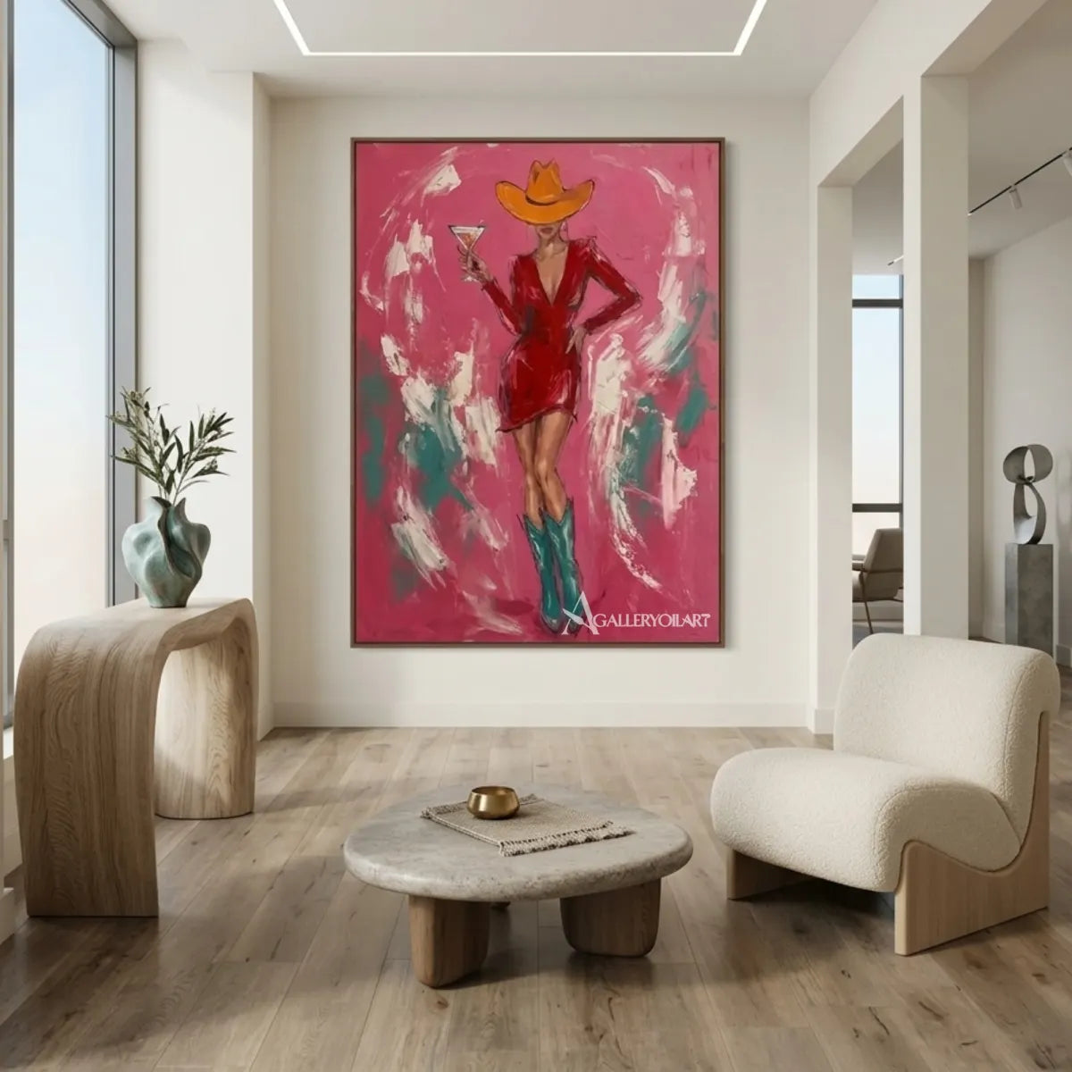 Woman-in-a-cowboy-hat-holding-a-cocktail-in-pop-art-pink-wall-art-in-gallery