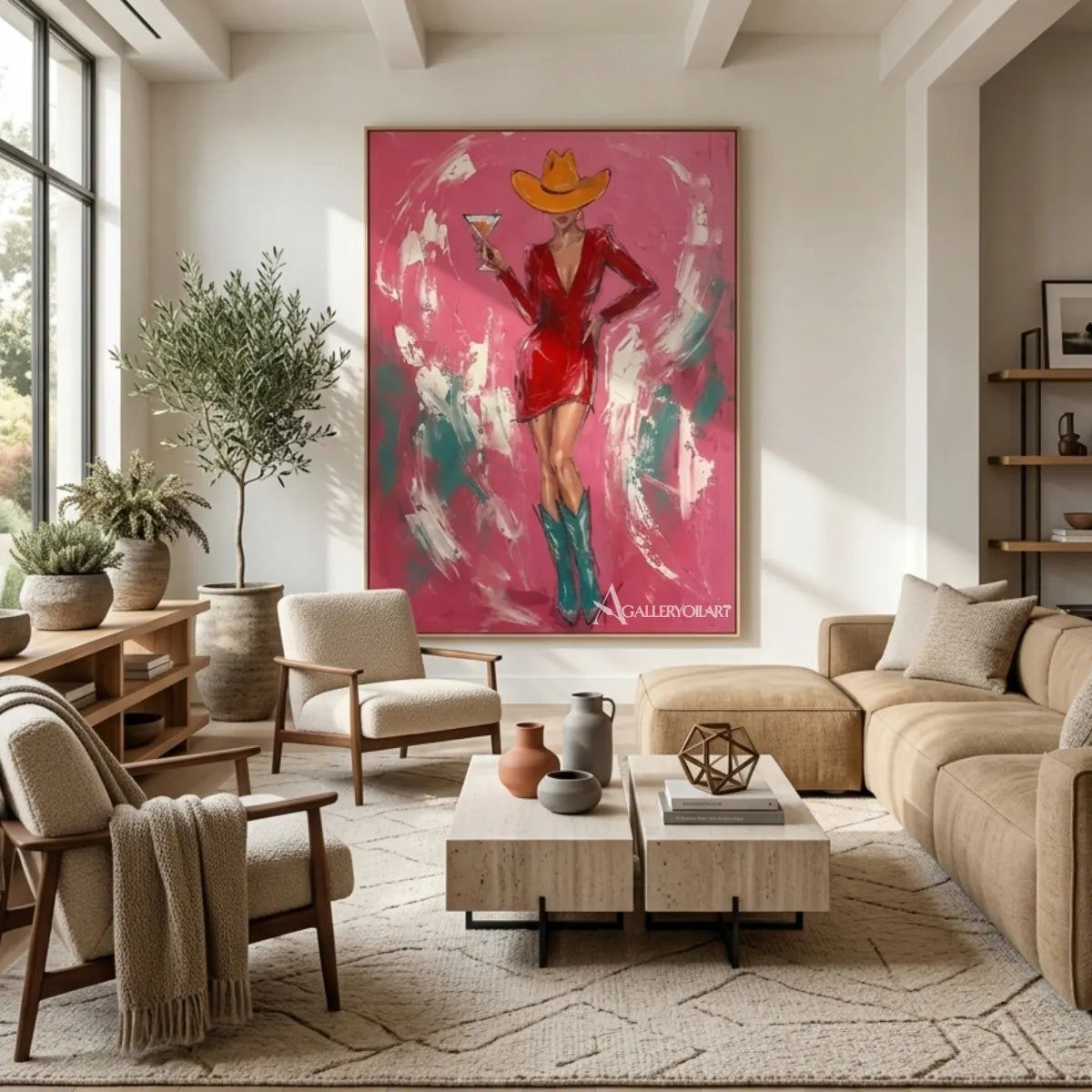 Woman-in-a-cowboy-hat-holding-a-cocktail-in-pop-art-pink-wall-art-in-gathering-room