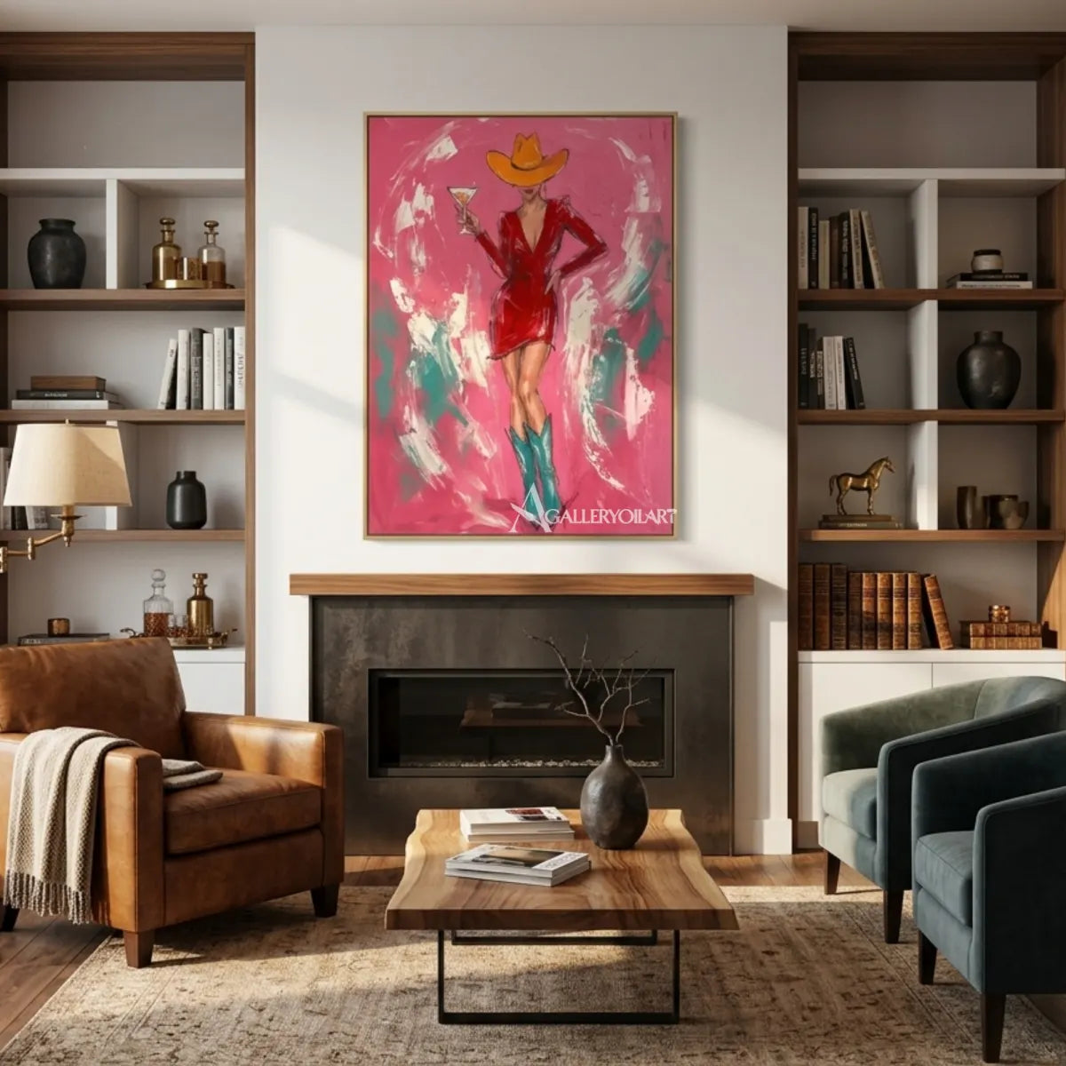 Woman-in-a-cowboy-hat-holding-a-cocktail-in-pop-art-pink-wall-art-in-reading-lounge